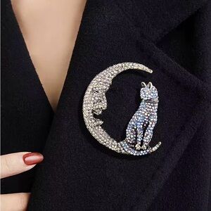 Rhinestone Cat on Crescent Moon Brooch - Crystal